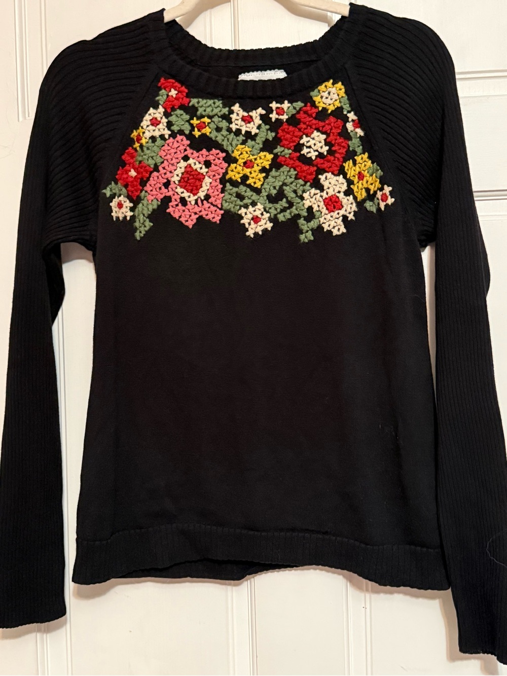 Tabitha Black Sweatshirt with Multicolor Embroidered Floral Yoke from Anthro